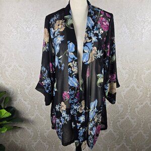 Helena Quinn One Size Black Sheer Floral Kimono Pockets Straight Hem Belt Loops